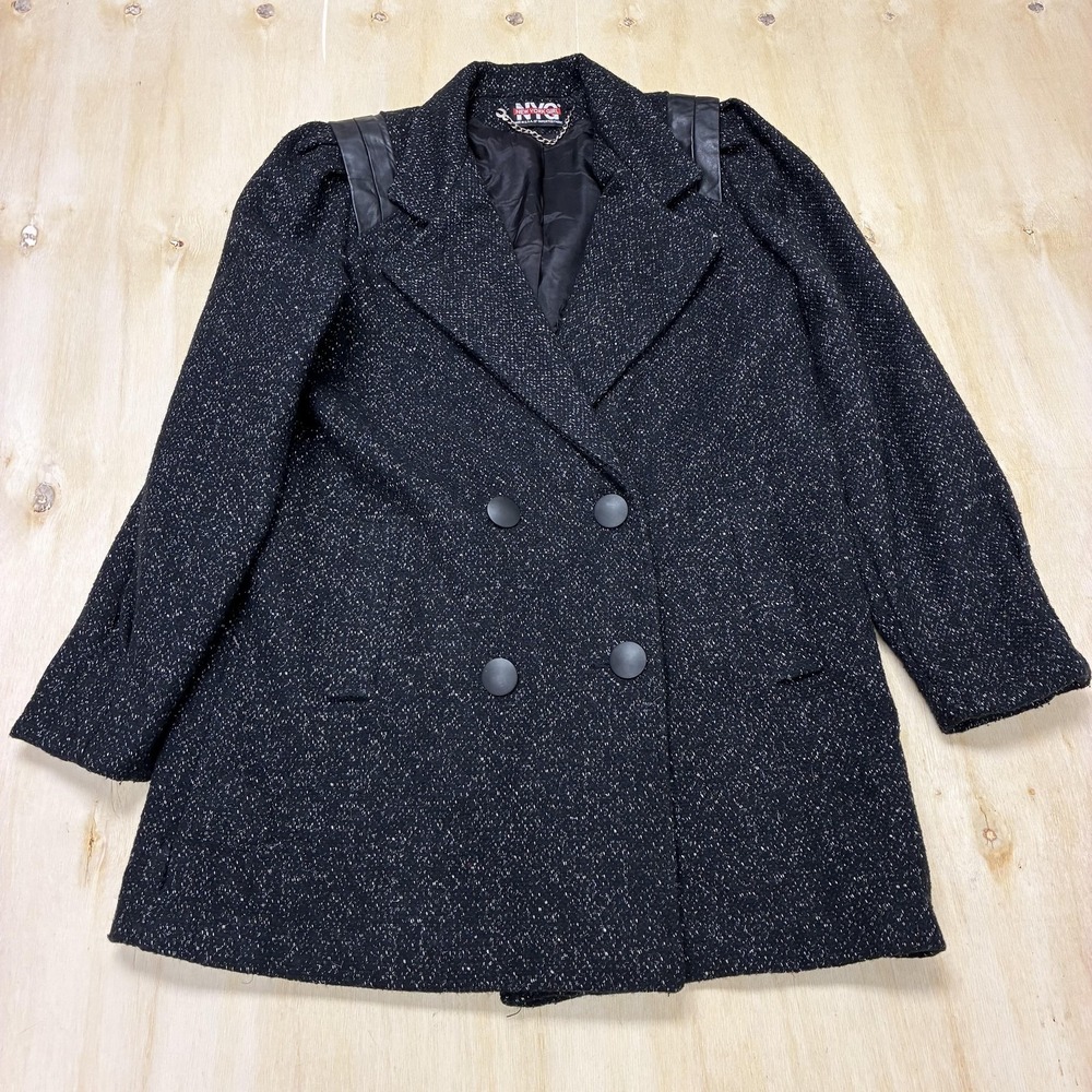 Vintage New York Girl Coat Womens 12 Black Wool Tweed Pea Double Breasted Lined